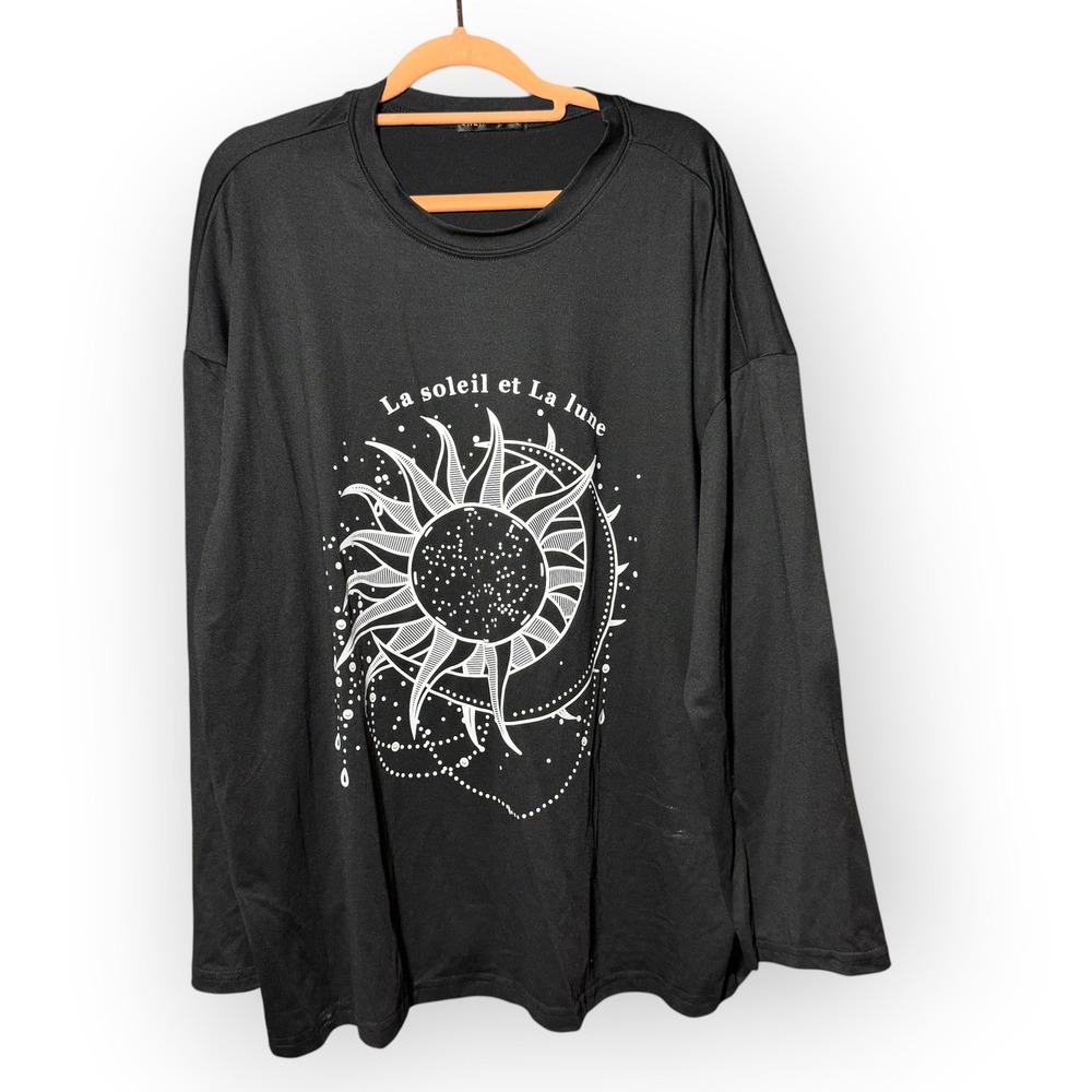 Shein‎ Black Long Sleeve Graphic Tee La Soleil et La Lune Sun Moon Size Large